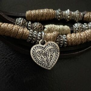 Leather and Silver Beaded 6 Strand Bracelet Magnet Clasp Heart Charm Boho Hippie